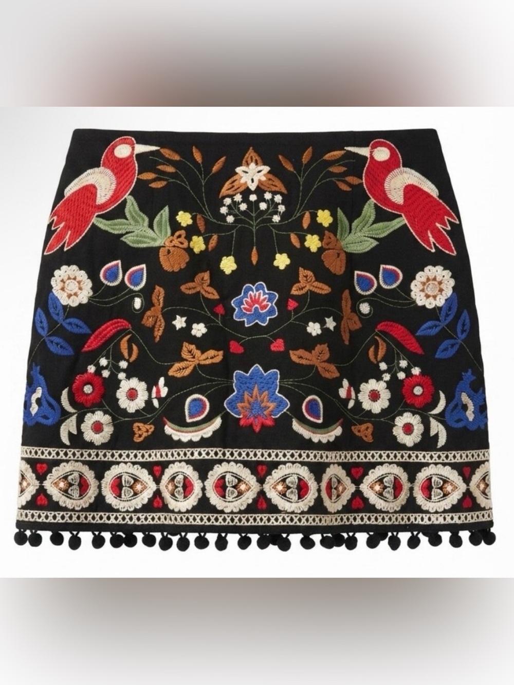 Umgee Black Embroidered Floral & Bird Shawl with Pom Trim